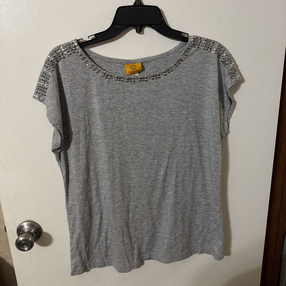 Ruby Rd Womens Gray Short Sleeve Embellished T Shirt Top Size M